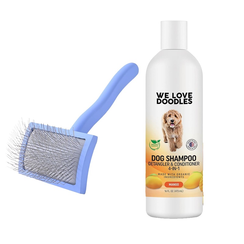 We Love Doodles Medium Curved Slicker Brush and 4-in-1 Dog Shampoo (Mango) Bundle – Goldendoodle Brush for Dematting & Shedding – Shampoo for Goldendoodles, Poodles & Doodles – Made In USA