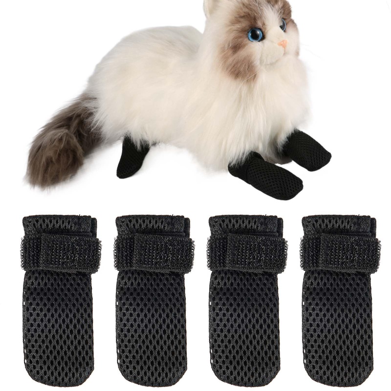 4pcs Anti Scratch Cat Mittens, Adjustable Mesh Cat Shoes, Breathable Cat Paw Protector, Cat Boots for Bathing Pets, Cutting Nails, Checking (M, Black) M