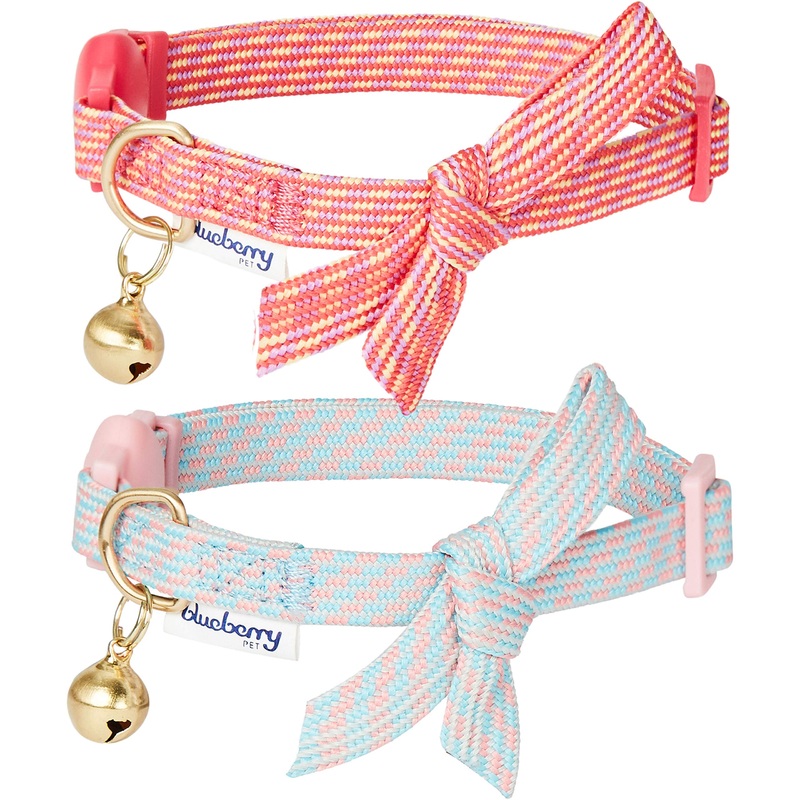 Blueberry Pet Twin Pack of Cat Collars, Chic Treasure Diagonal Striped Adjustable Breakaway Cat Collar with Bow Tie & Bell, Neck 23cm-33cm Twin Pack – Chic Treasure