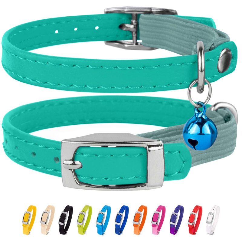 CollarDirect Leather Cat Collar, Safety Collar for Cats with Elastic Strap, Kitten Strap with Bell, Black Blue Red Orange Green Pink 23-28 cm Mint Green