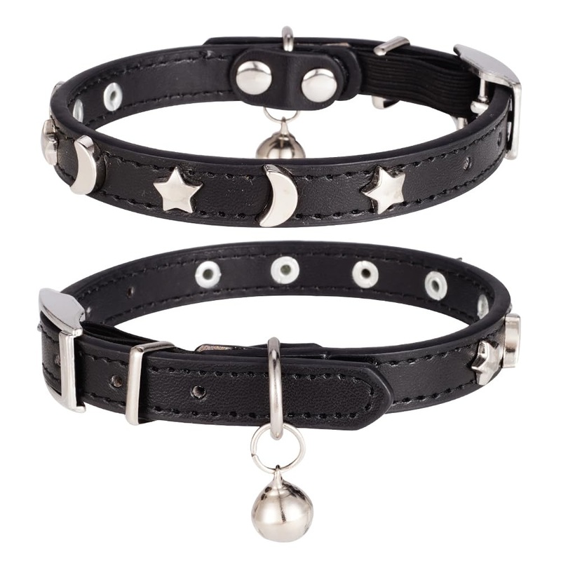 DAIHAQIKO Leather Cat Collar Elastic with Bell Cat Collar with Diamond Star Moon for Most Domestic Cats Puppies Small Dogs Black