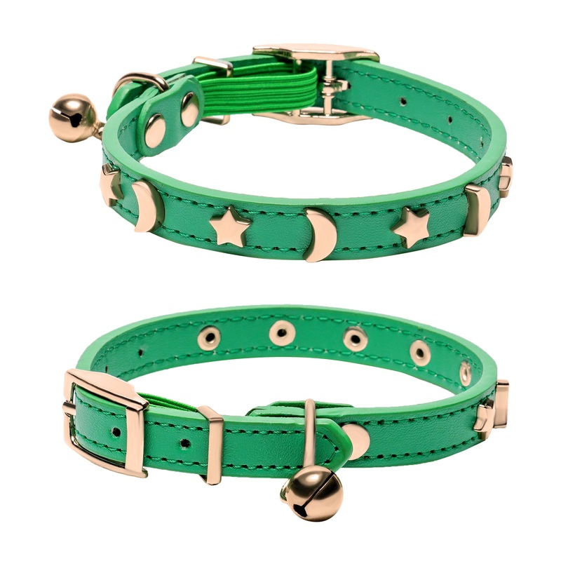 DAIHAQIKO Leather Cat Collar with Bell Cat Collar with Diamond Star Moon Green