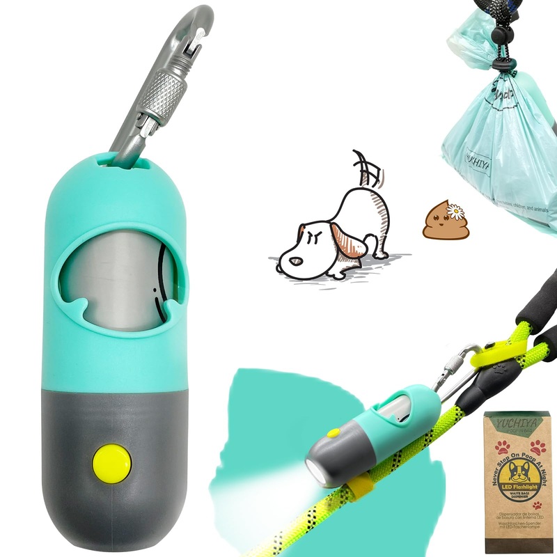 Dog Poop Bag Holder with LED Flashlight| Doggy Poo Bags Dispenser for Leash| Pet Waste Bags Carrier| Bags Carabiner Clasp LR44 Button Cells Included 1 Holder 15 Bags Green