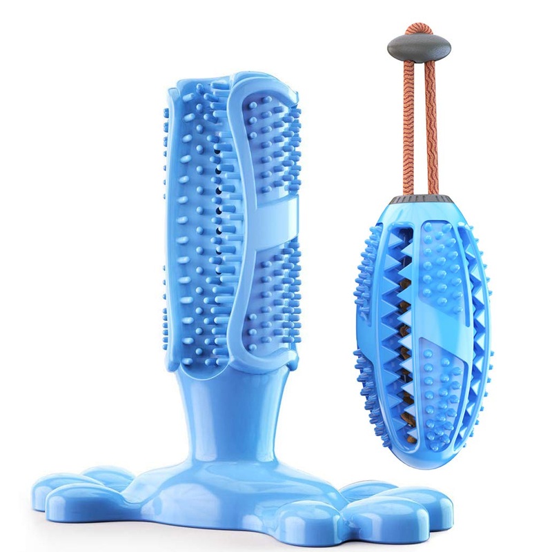 Dog Toothbrush Stick and Training Chew Toy, 2-Pack Set Pet Chew Toy, Non-Toxic Natural Rubber, Dental Care for Dogs, Teeth Cleaning (M, Blue)
