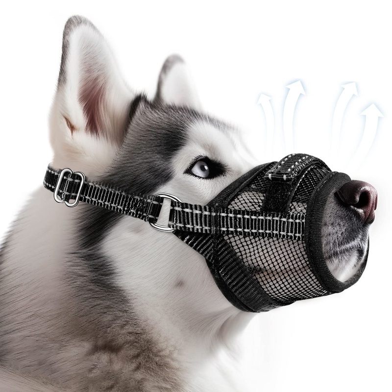 Eyein Muzzle for Large Dogs, Adjustable Dog Muzzle with Breathable Air Mesh, Reflective Muzzle with Connecting Strap, Prevents Biting, Barking and Chewing, Black, L