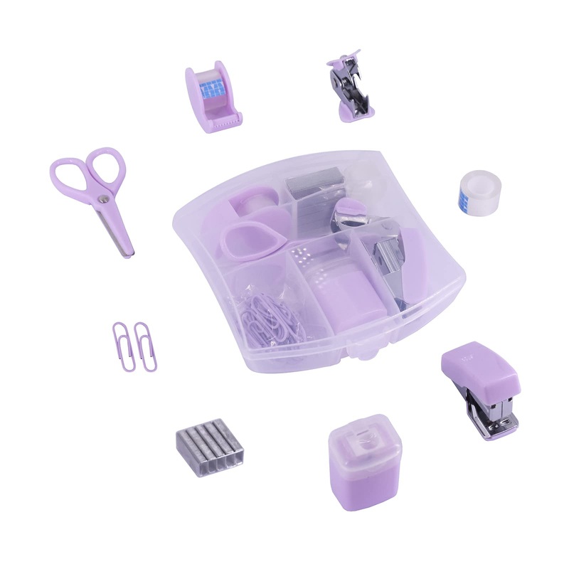 Mini Stapler Kit Office Supplies Kits – Includes Mini Stacker, Scissors, Staple Remover, Staples, Tape Dispenser (Purple) Purple