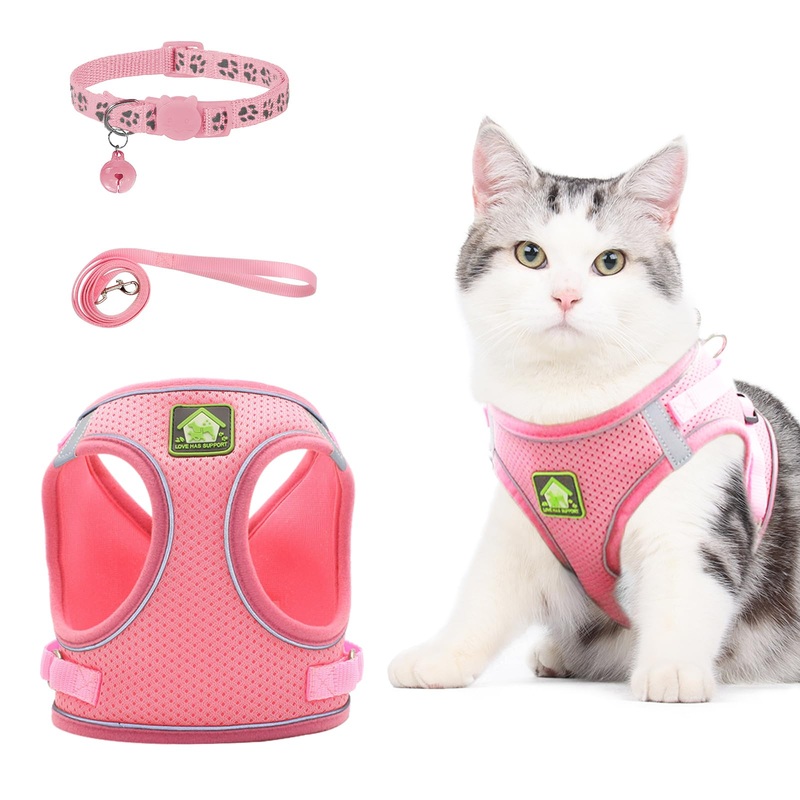 NeuWee Cat Harness with Leash Escape-Proof, Cat Harness Leash Set with Cat Collar, Cat Leash with Harness for Cats, Adjustable Reflective Cat Harness for Kitten Dog (XS, Pink) XS