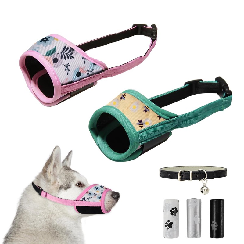 Pack of 2 muzzles for small dogs, dog muzzle, stop for dogs, with 3 rolls of dog waste bags and 1 adjustable dog collar, prevents biting, barking and eating