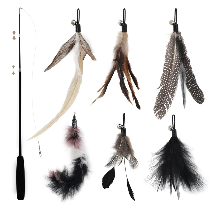 SONGWAY Interactive Cat Toy Feather – Cat Toy Set with Retractable Rods, Feather Rod Cat Toy with 6 Replacement Feathers with Bells, Feather Fishing Rod Cats, Black