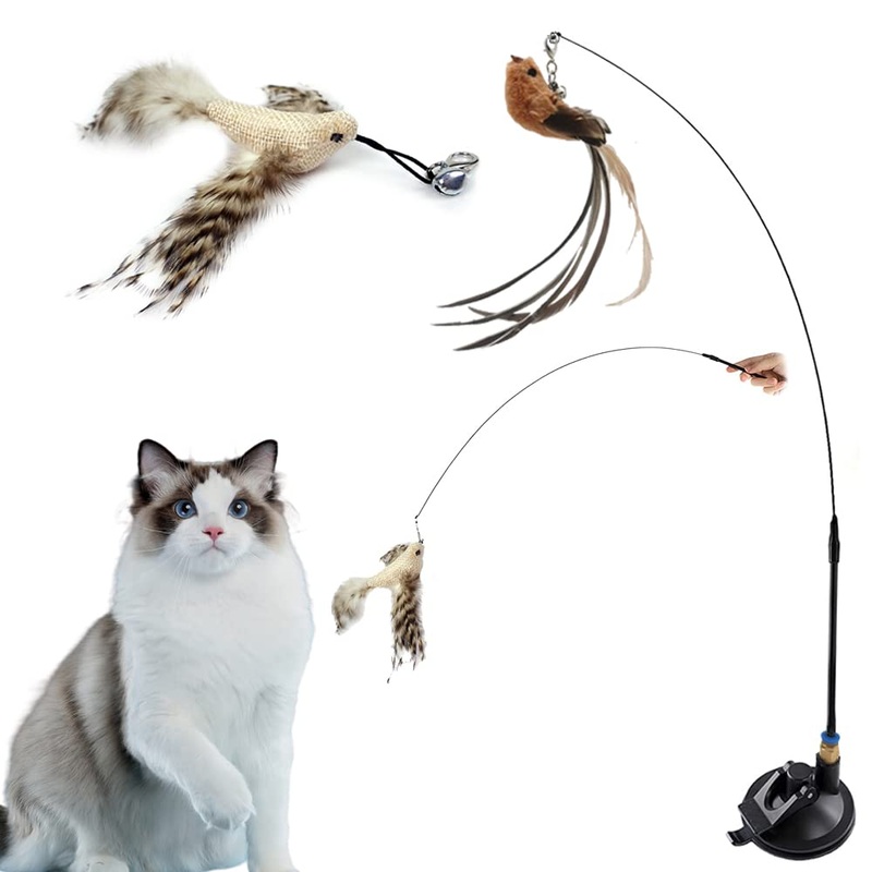 ZDQC Cat bell wand, cat fishing rod suction cup, cat fishing rod with feathers and bells, cat bell magic wand, interactive cat toy feathers (bird lifelike + strong suction cup) C