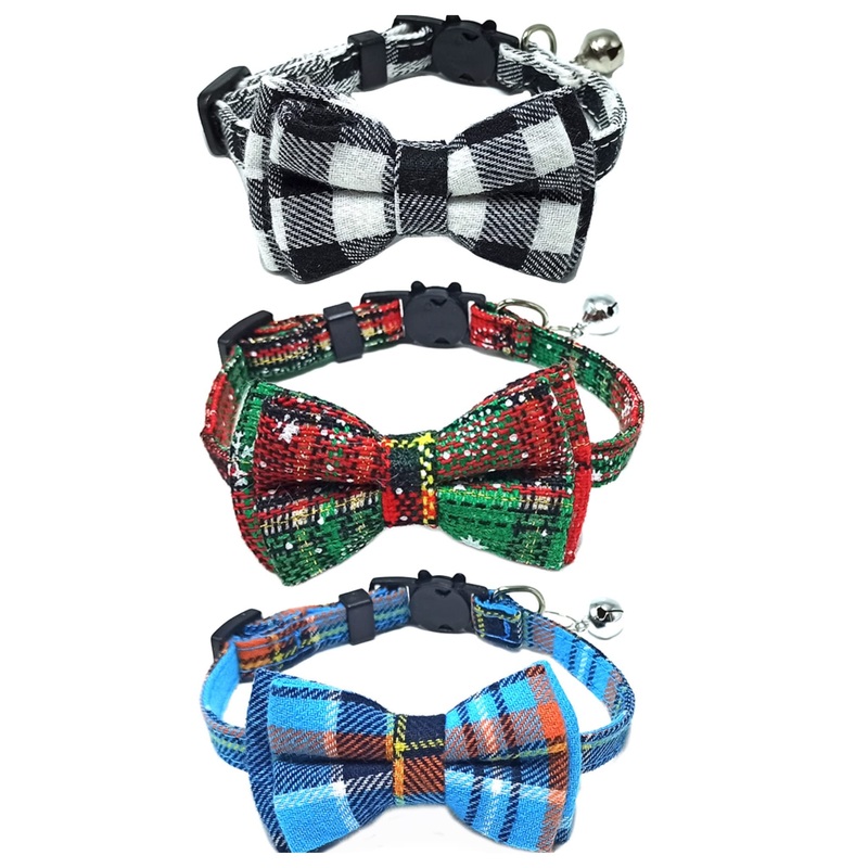 3pcs Christmas Cat Collar with Bell and Bow Tie Quick Release Collars for Kittens and Cats