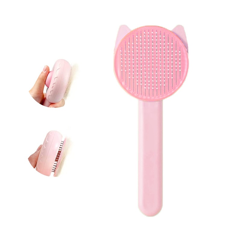 Cat brush, dog brush, self-cleaning cat brush for long hair/short hair, cat comb with handle, brush for pet care for removing underfur, loose fur and tangles (pink) pink