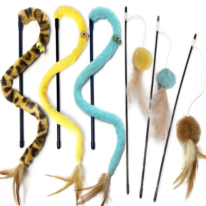 Cat toy fishing rod with feather, cat fishing rod, cat balls toy with feathers, cat toy bouncy balls for indoor use, interactive cat toy for small large cats (6 pieces) yellow