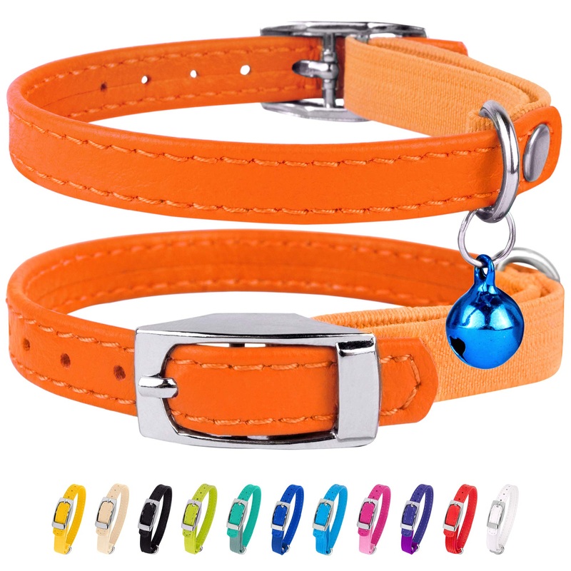 CollarDirect Leather Cat Collar, Safety Collar for Cats with Elastic Strap, Kitten Strap with Bell, Black Blue Red Orange Green Pink 15-18 cm
