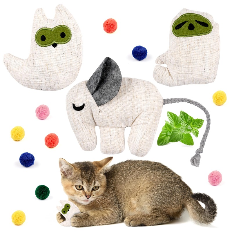 Deepton cat toy with catnip, pack of 3 animal shape cat toys with 10 colorful fur balls, catnip toy, valerian cushion for cats, cat chew toy, catnip cushion