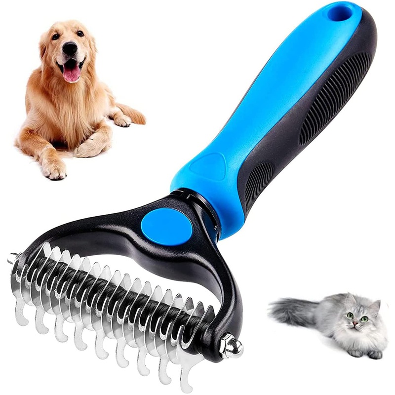 Dog Brush Cat Brush, 2 Sided Undercoat Rake for Cats and Dogs, Safe Hair Removal Comb for Easily Removing Mats and Tangles Blue