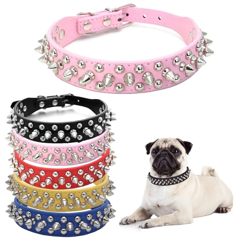 Dog Collar Leather Punk Rivet Puppy Collar with Rivets Durable Adjustable for Small Medium Large Dogs Pink M Rose