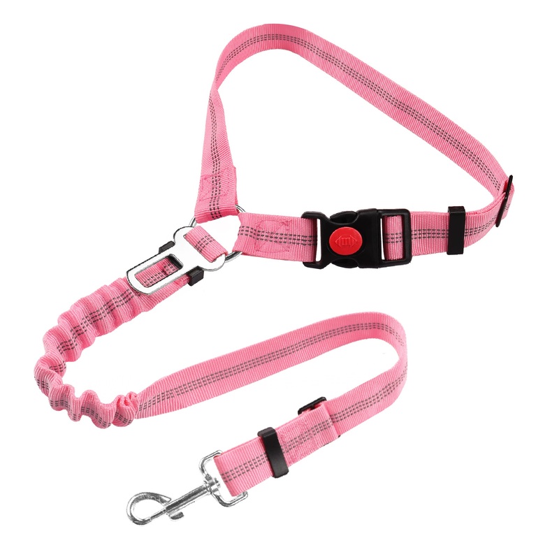 Dog Safety Harness, Adjustable with Elastic Buffer, 360 Swivel Carabiner Nylon Pet Seat Belts Heavy Duty Car Harness for Dogs (Base Type, Pink) Base Type