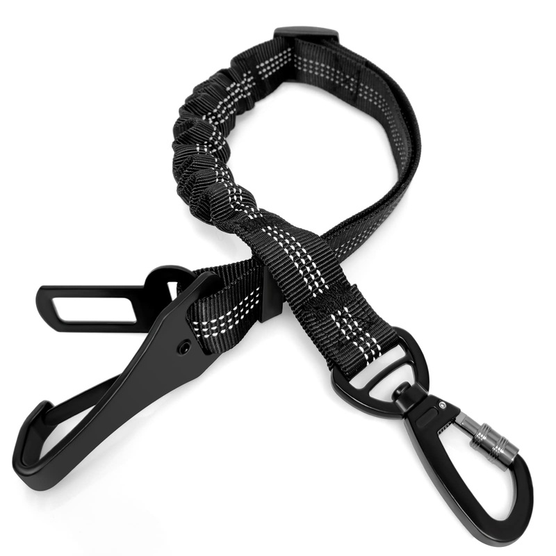 Dog seat belt, adjustable dog car belt with double universal connector for all dog breeds and car types, reflective dog seat belt with strong carabiners and elastic shock absorption, 1 piece