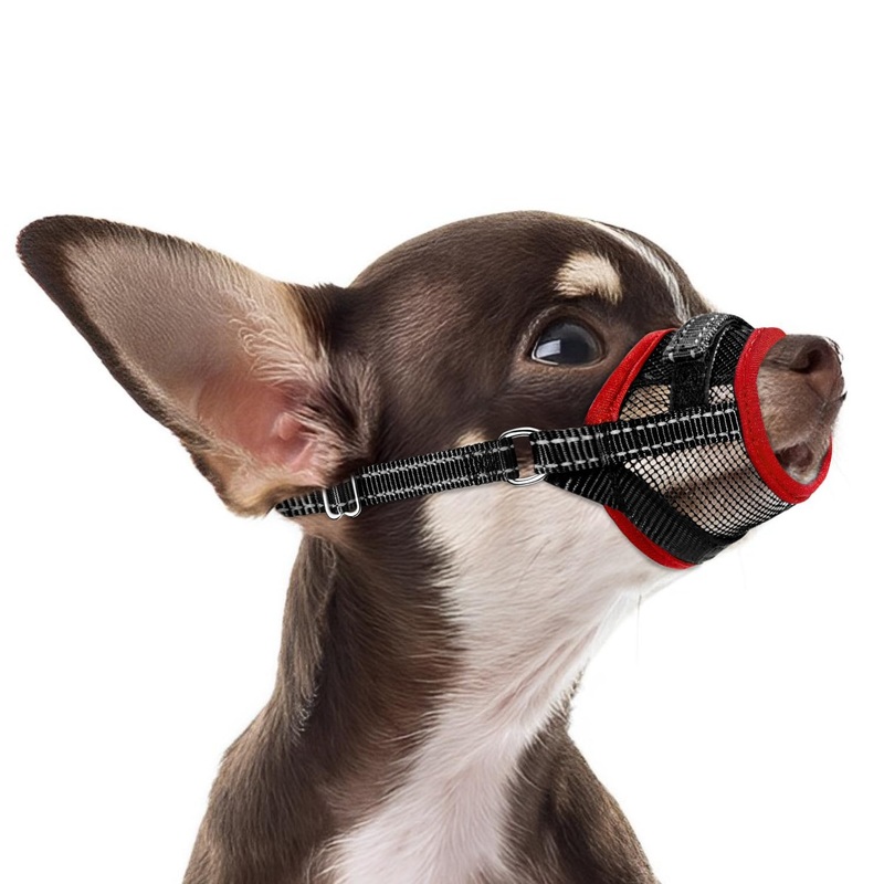 Eyein Muzzle for Small Dogs, Adjustable Muzzle for Dogs with Breathable Air Mesh, Reflective Muzzle with Connecting Strap, Prevents Biting, Barking and Chewing, Red, S