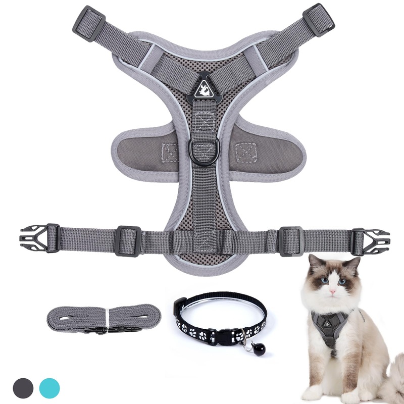 FINEASY Cat Harness with Leash, Escape-Proof and Cat Collar, Adjustable Cat Leash with Harness, Harness Set, Cat Harness, Soft Harness for Cats, Kittens, Dogs, Chest Harness (Grey, S) Grey