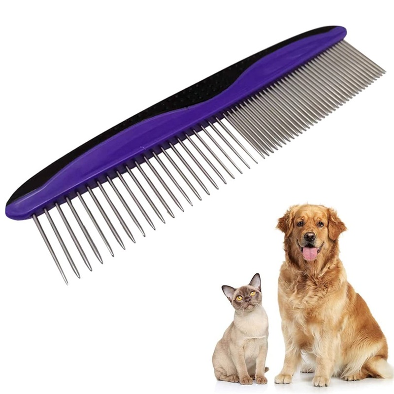 Metal Dog Comb, Stainless Steel Pet Comb Pet Grooming Comb Rounded Teeth Dog Comb for Large, Medium and Small Dogs and Cats with Tangled Short Long Hair (Purple) Purple