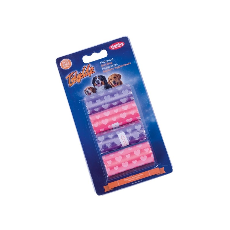 Nobby TidyUp poop bags with heart print 2 colors 4 rolls of 15 bags each