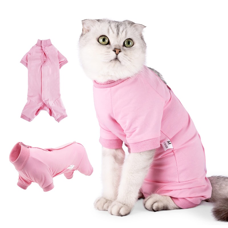 oUUoNNo Cat Recovery Suit for Abdominal Wounds or Skin Diseases E-Collar Alternative for Cats Post Surgery Pajama Suit Long Sleeve (XS, Pink) XS