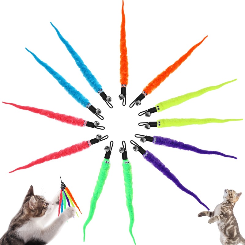 Pack of 12 Cat Wand Toys Replacement Refill Cat Worm Toy Refills Cat Wand Toy Replacement Refills Furry Tail Worm with Bells Teaser Refills for Cats, Kittens, Worm
