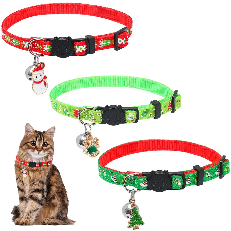 Pack of 3 Christmas cat collar, dog collar, cat collar with safety clasp and bell, adjustable collars for cats, kitten and puppy supplies + pendants + bells
