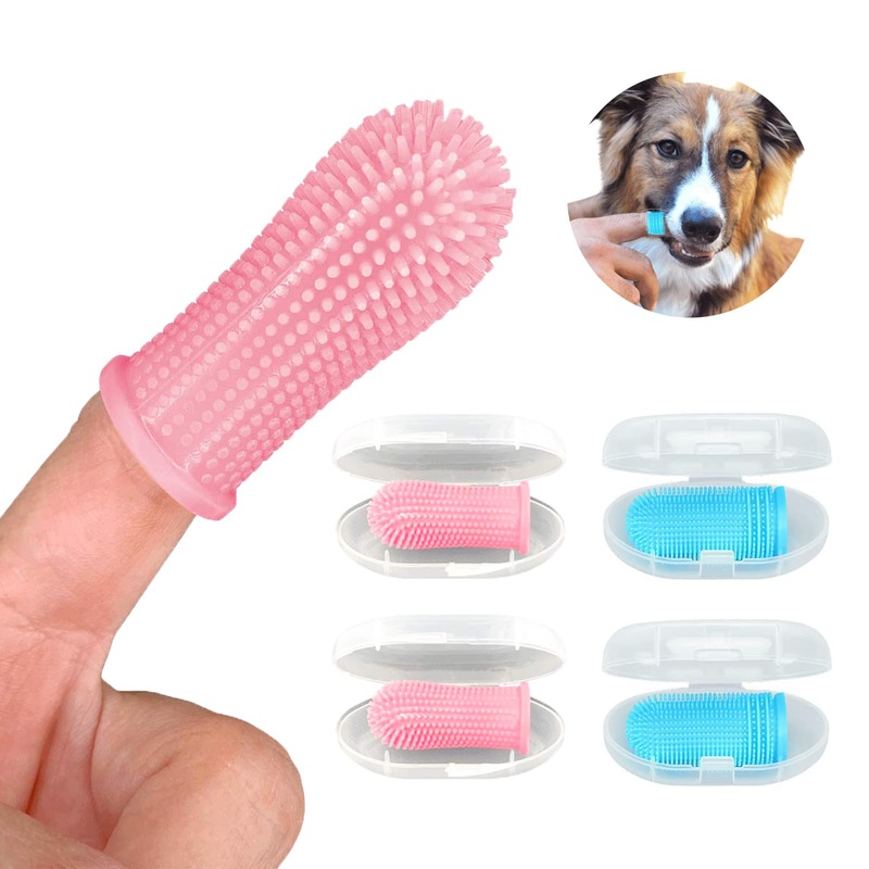 Pack of 4 Finger Toothbrush Dog Silicone Dog Toothbrush Food Grade Silicone 360 Fully Wrapped Cleaning Bristles for Cats Dogs Dental Care Anti-Plaque Toothbrush Dog (Blue, Pink)
