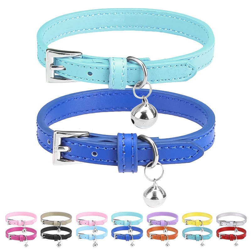 PUPTECK Pack of 2 Soft Leather Cat Collars with Bell for Kittens Orange, Purple, Black, Khaki, Blue, Rose Red 22.1-26cm 22.1-26cm Pale Turquoise & Navy Blue