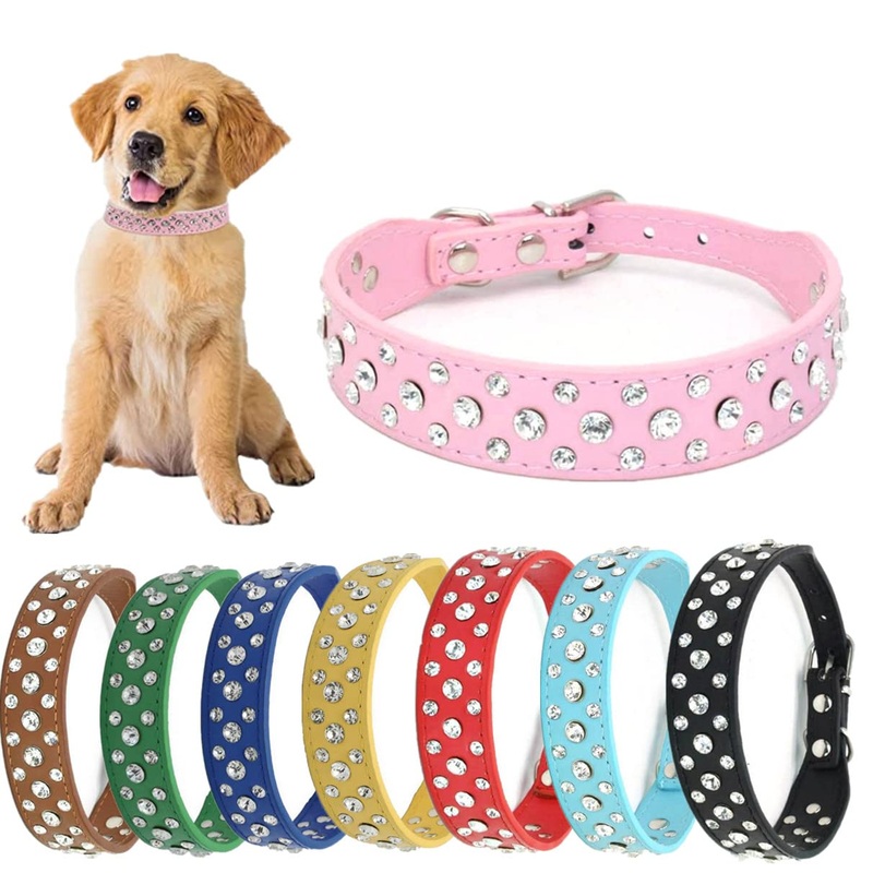 Rhinestone Dog Collar Adjustable Durable PU Leather Crystal Pet Collar Diamond Bling Cat Collar for Small Medium Large Dogs Pink S Rose