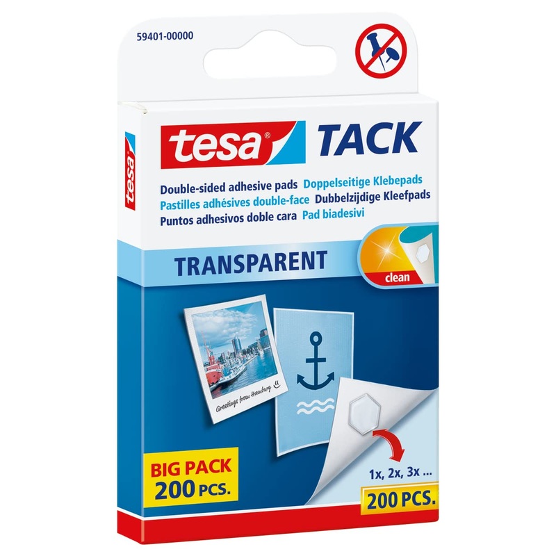 tesa double-sided adhesive pads TACK / Transparent adhesive strips for hanging on walls, windows and mirrors / 1 x 200 pads 200 pieces