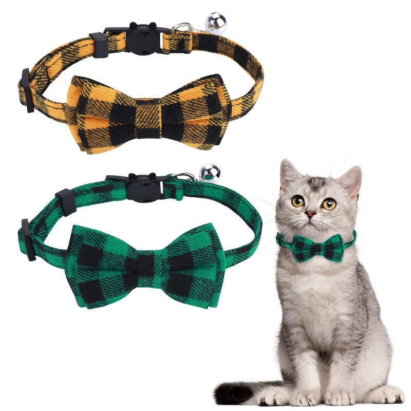 TIESOME Pack of 2 Cat Collars with Bow Tie and Bell, Detachable Cat Collars Quick Release Safety Collars Adjustable Tartan Collar for Cats Pet Accessories (Yellow+Green) Yellow+Green