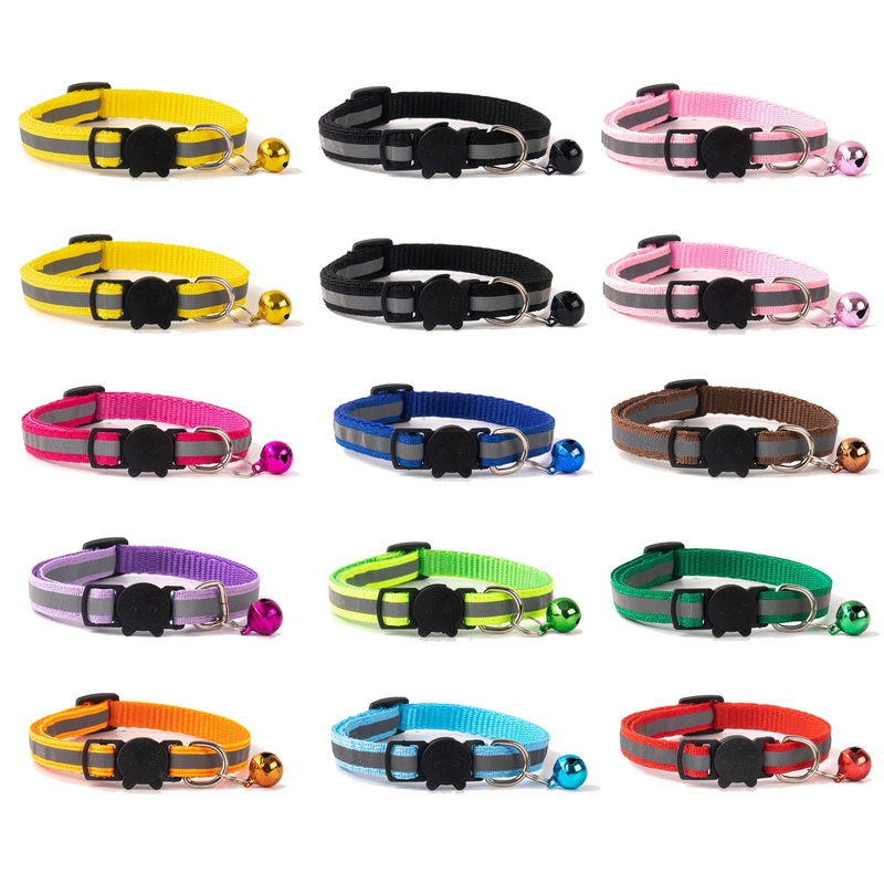 TSHAOUN Pack of 15 Adjustable Reflective Cat Collars with Safety Clasp, Fluorescent Kitten Collars with Bell for Domestic Cats, Small Dogs Adjustable 19-32 cm