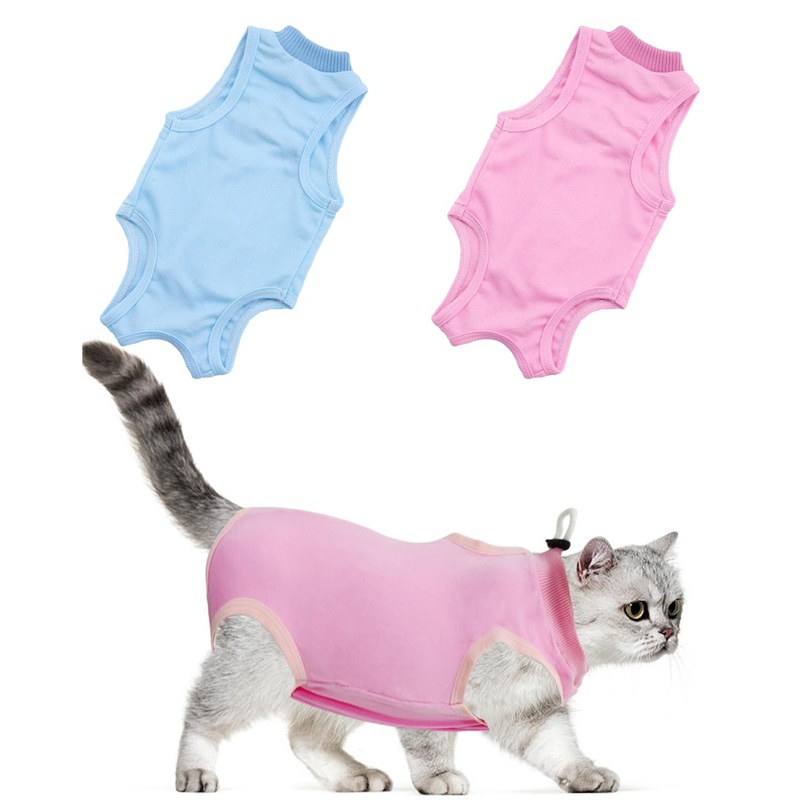 2 Pieces Cat Rehabilitation Clothes, Postoperative Recovery Clothes, Anti-Scratch and Anti-Leak Protection, Soft Cat Clothes, Wound Protection Clothes, Cat Vest, Pet Pajamas (Pink, Blue)