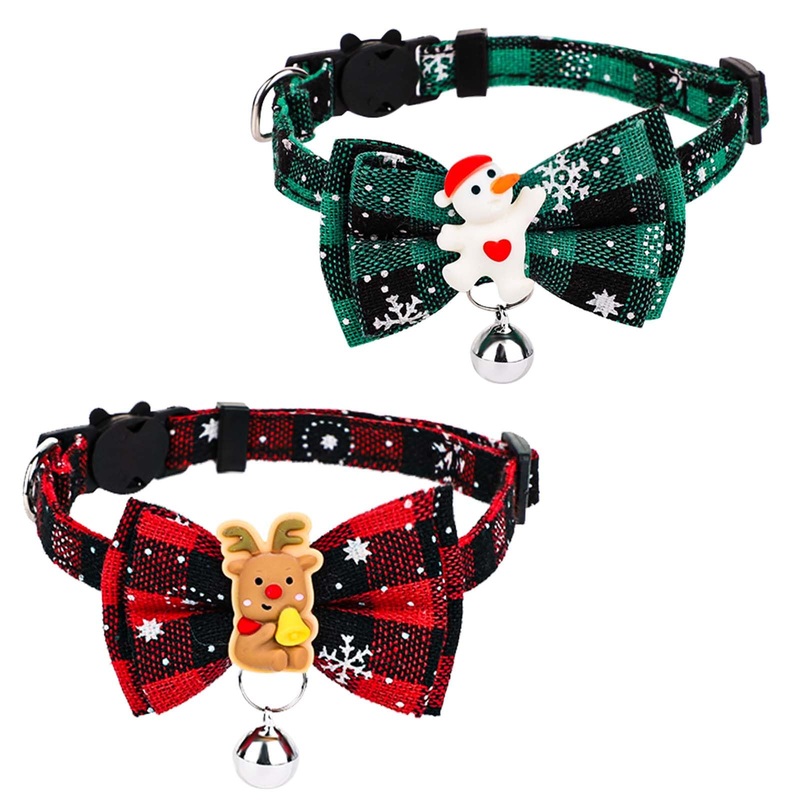 2pcs Christmas Cat Collar, 18-30cm Adjustable Cat Collar with Bell Detachable Cat Collar for Christmas Kitten Adult Cat Christmas Snowman