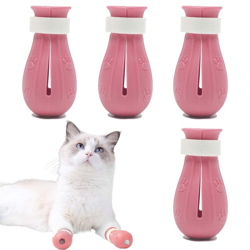 AAED Pack of 4 anti-scratch boots, cat shoes, anti-scratch cat shoes, adjustable cat foot covers, for pet care, bathing, shaving, examining and treating cats (pink).