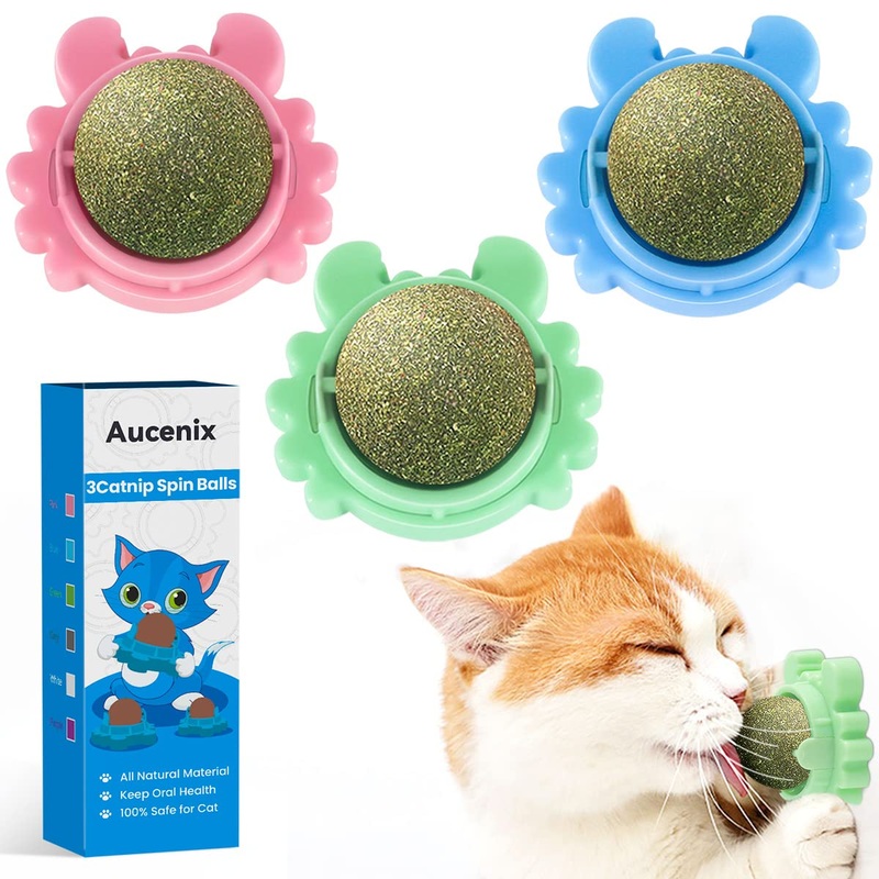 Aucenix Pack of 3 Catnip Balls Toys for Cats, Catnip Wall Roller for Cat Licking, Teeth Cleaning Dental Edible Kitten Toy, Natural Rotating Cat Toy Green+Blue+Pink