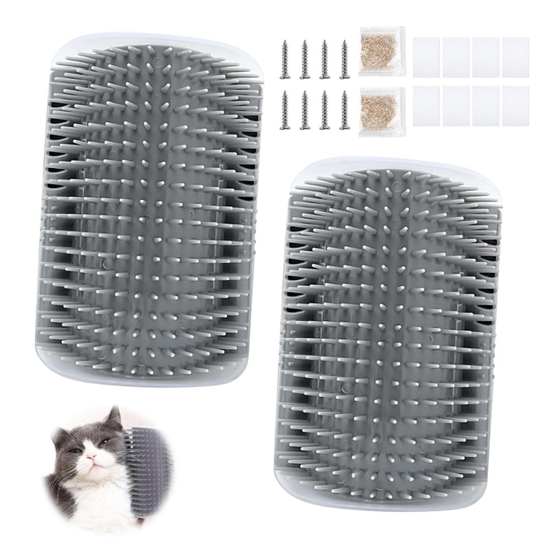 AWAVM Pack of 2 cat self-groomer, cat brush, cat brush, cat self-groomer, cat brush, wall corner with packs of catnip and screws for long-haired, short-haired cat massage, grey