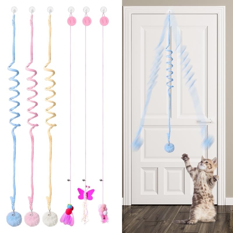 Bestomrogh Pack of 6 Cat Toys Self-Employment Hanging Door Frames, Adjustable Teaser Toy with Bell, Interactive Toy for Indoor Kitten Chase