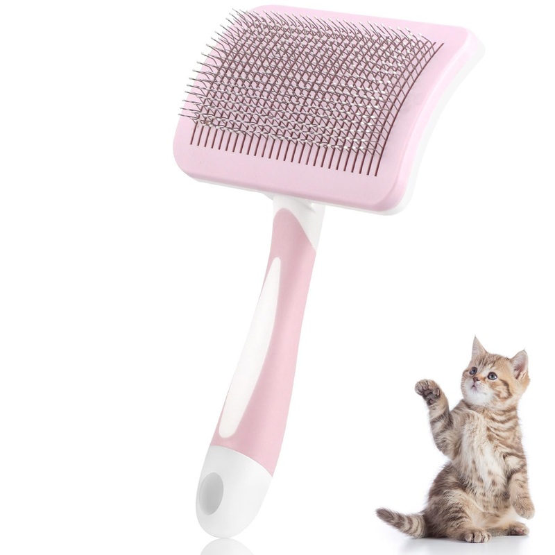 Cat brush short hair cat comb with handle brush cat pet dog brush pet brushes self-cleaning fur brush for long hair and short hair (pink).