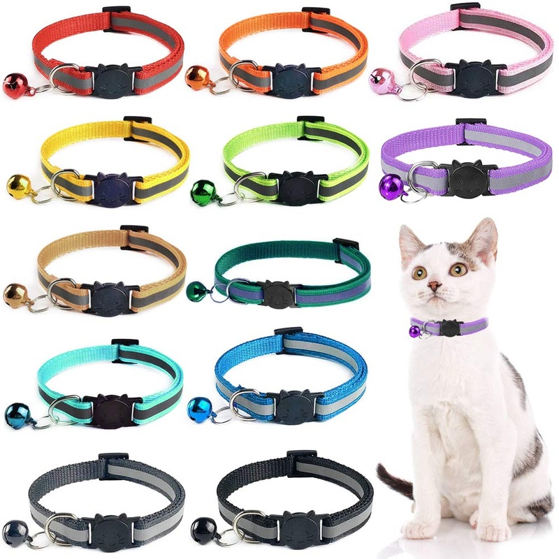 Cat collar reflective, pack of 12 adjustable cat collars, cat collars with bell and safety clasp, for most domestic cats