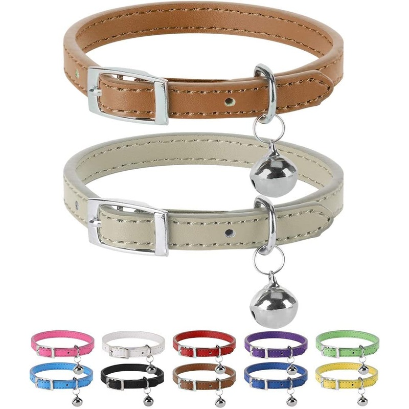 Cat Collars 2pcs Leather with Bell Polished Durable Metal Buckle Adjustable Pet Collars for Kittens Puppies Dogs Cats (30-32cm) 30-32cm