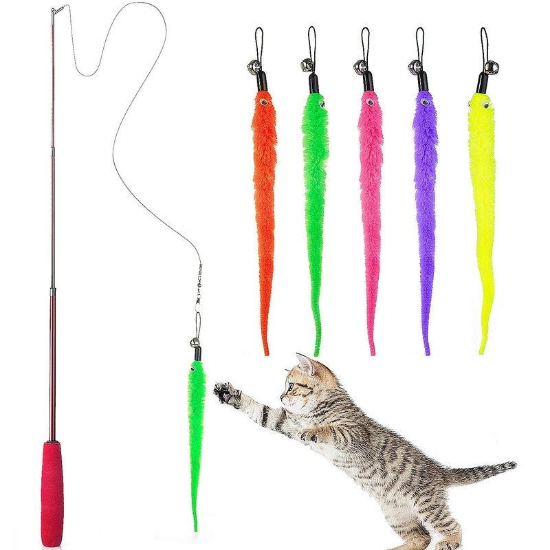 Diealles Interactive Cat Toy, Retractable Natural Feather Rod Cat Toy with 5 Cat Fishing Rod Replacement Worm Cat Toy