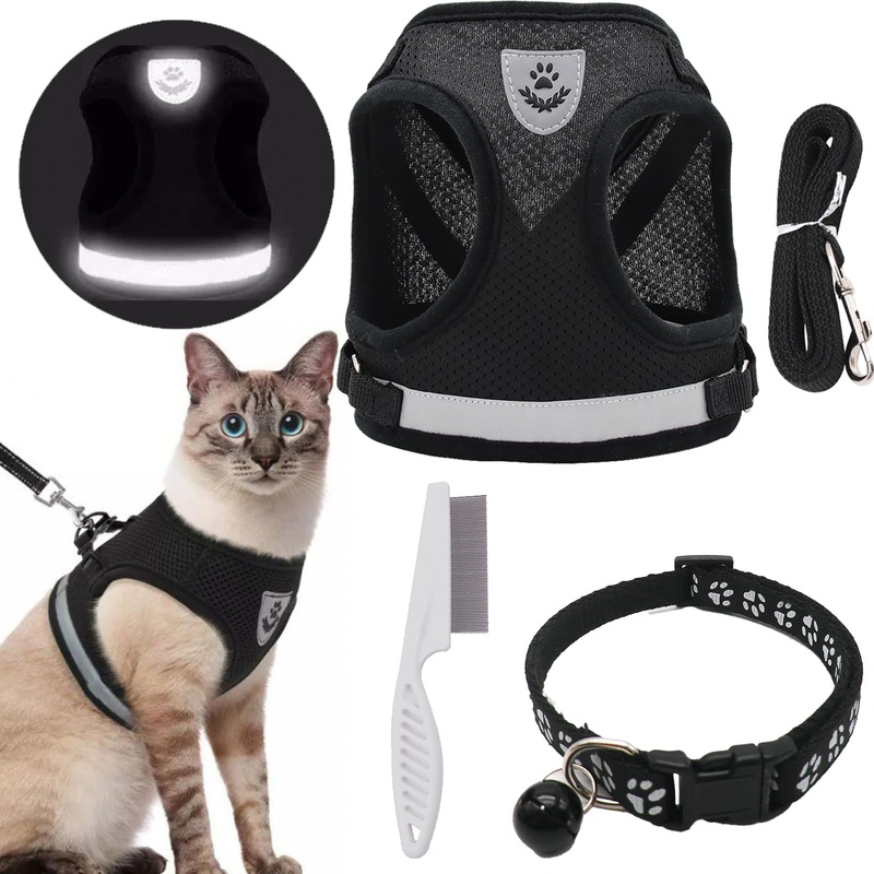 DKDDSSS Cat Harness Cat Leash Set, Cat Harness Escape-Proof Adjustable, Adjustable Cat Harness with Reflective Strips with Cat Collar, for Kitten Dogs (M, Black) M
