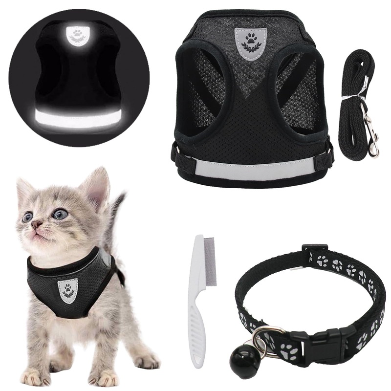 DKDDSSS Cat Harness with Leash Set, Cat Harness, Escape-Proof Adjustable, Cat Vest with Reflective Strips with Cat Collar, for Kitten Dogs (S, Black) S