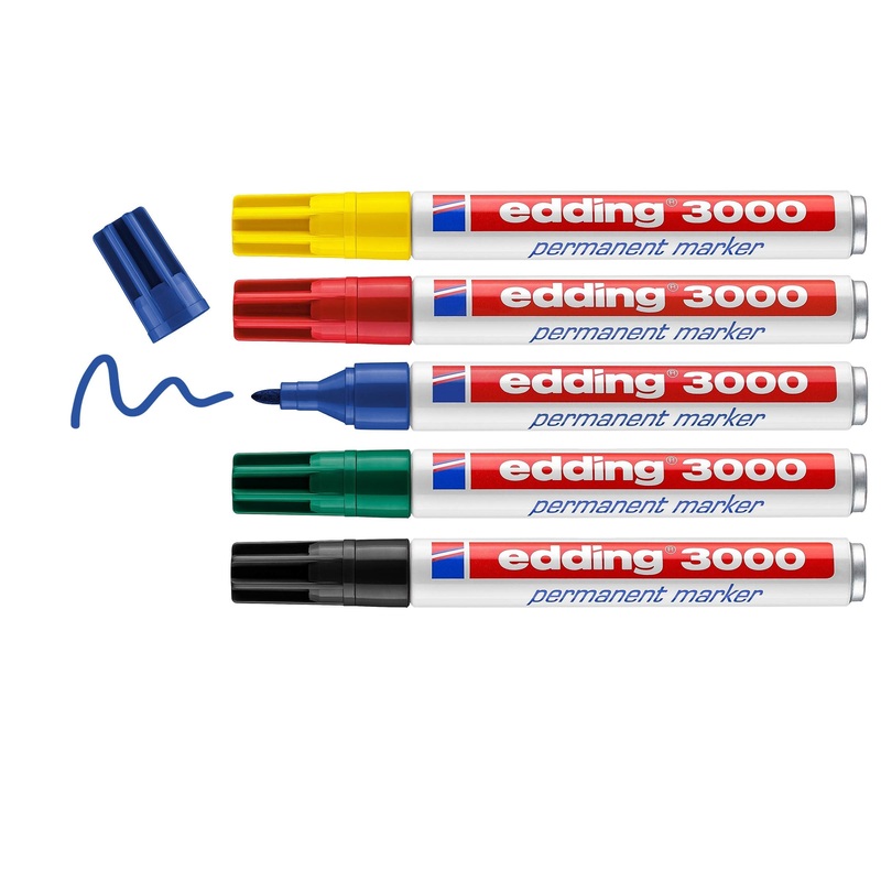 edding 3000 permanent markers – red, blue, green, yellow, black – set of 5 – round tip 1.5-3 mm – quick-drying, waterproof, smudge-proof – for cardboard, plastic, wood, metal – universal marker 32: set of 5 – standard Colors