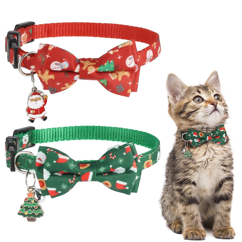 Fanshiontide Christmas Cat Collar with Bow and Bell Pendant, Pack of 2 Adjustable Cat Collars Christmas Cat Dog Collar for Kittens and Puppies Christmas Accessories